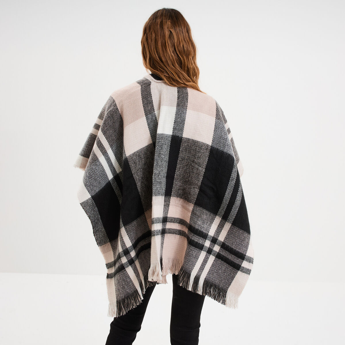 Poncho &agrave; franges mi-long noir femme