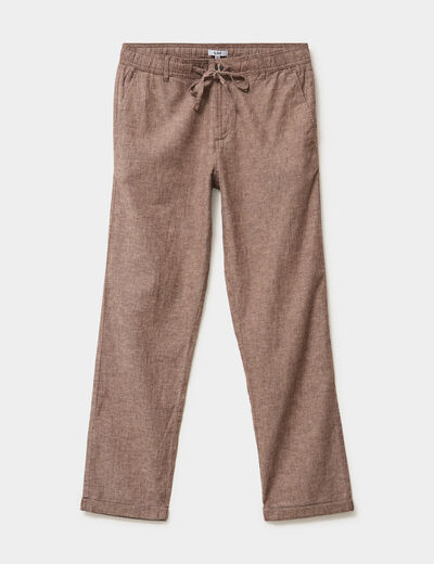 Pantalon chino droit lin m&eacute;lang&eacute; marron homme