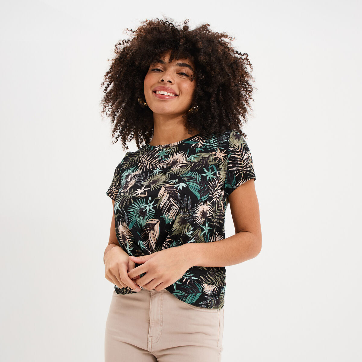 T-shirt taille effet nou&eacute; coton noir femme