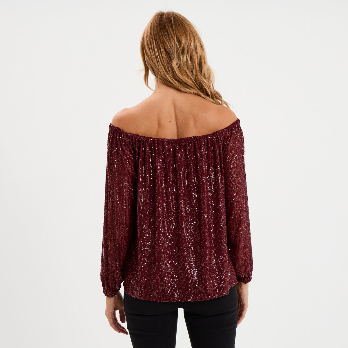 T-shirt sequins et col bardot rouge fonc&eacute; femme