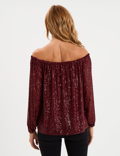 T-shirt sequins et col bardot rouge fonc&eacute; femme