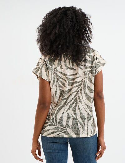 T-shirt col en V manches courtes vert kaki femme