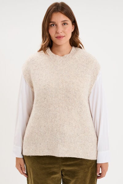 Pull tricot sans manches col rond sable femme grande taille