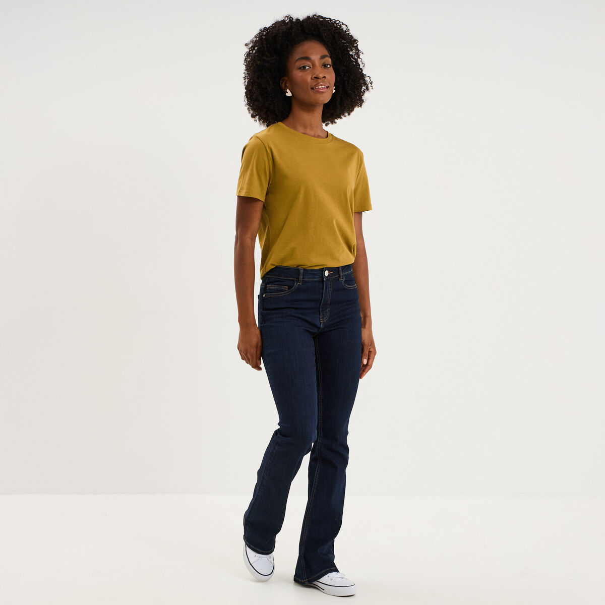 T-shirt col rond manches courtes coton vert olive femme
