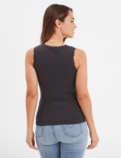 Débardeur coton bords dentelle gris foncé femme