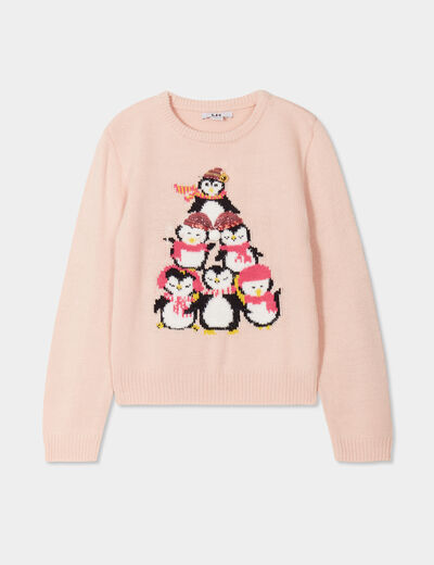 Pull Noël détails sequins et grelot rose clair fille