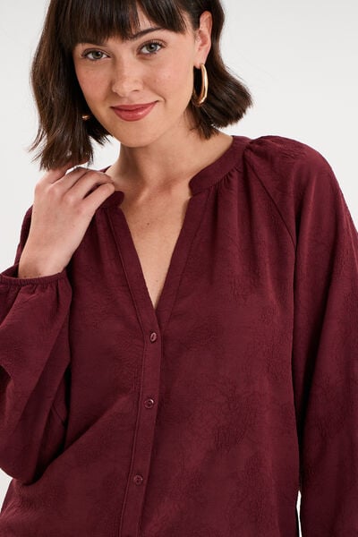 Blouse manches longues col V boutonn&eacute;e violet fonc&eacute; femme