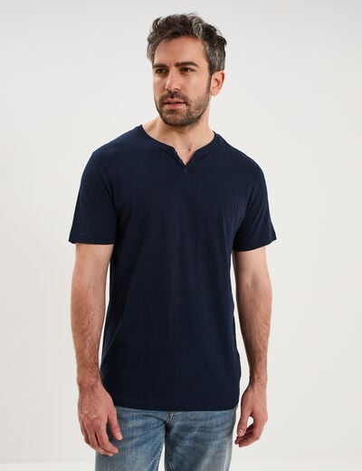 T-shirt manches courtes col tunisien bleu marine homme