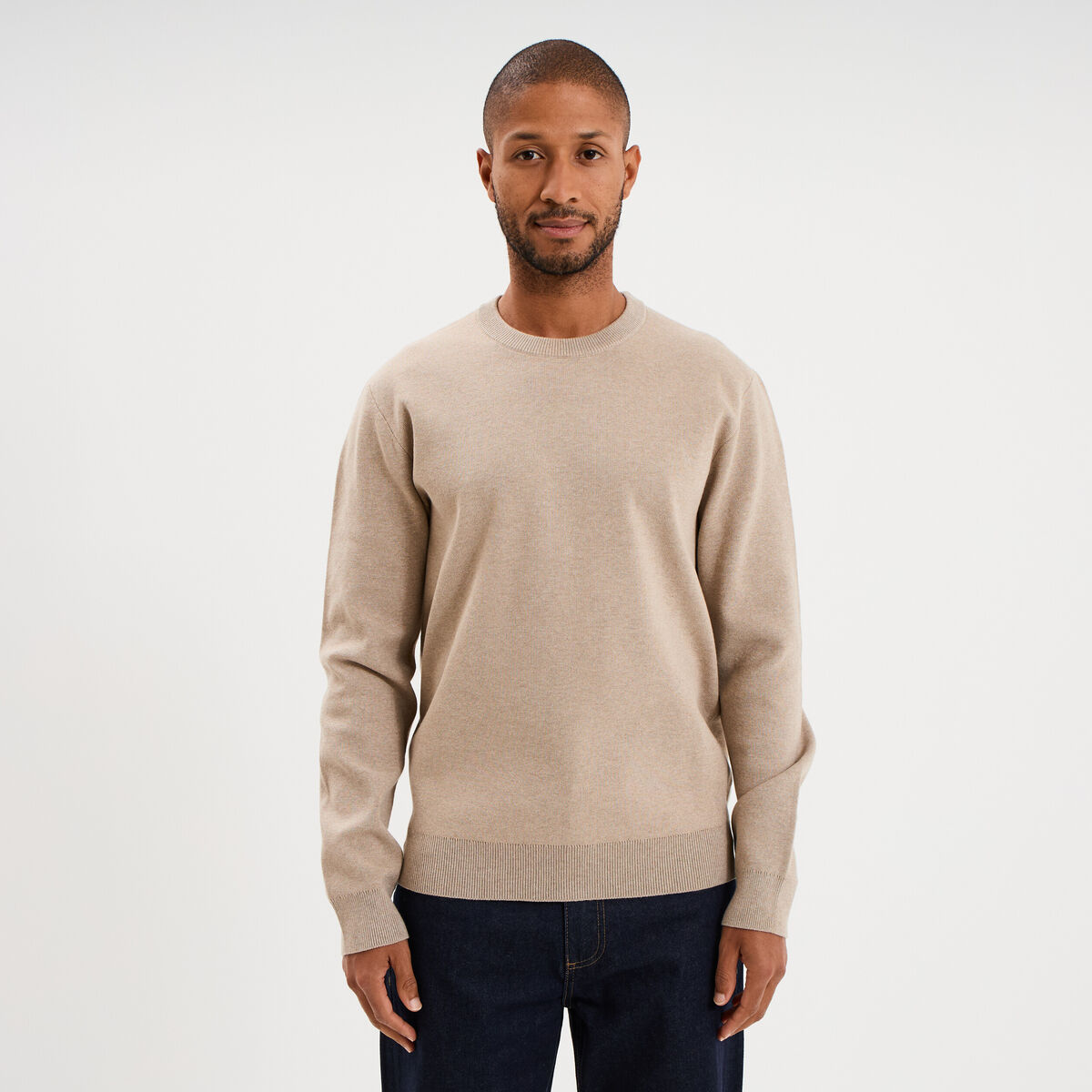 Pull col rond manches longues sable homme