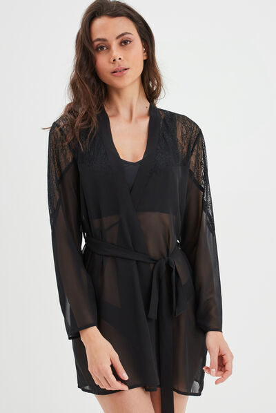 Déshabillé satin et dentelle noir femme