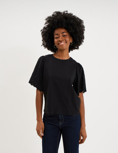 T-shirt manches broderie anglaise coton noir femme