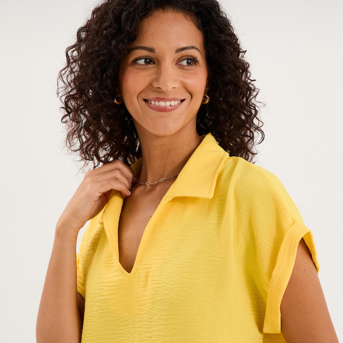 Blouse manches courtes effet boule jaune clair femme