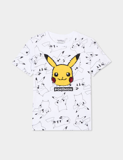 T-shirt sequins coton Pokémon Pikachu blanc garçon