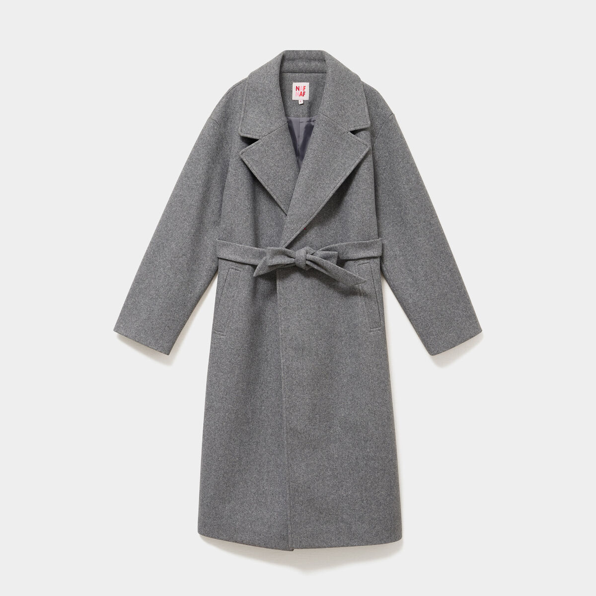 Manteau long oversize ceintur&eacute; gris femme