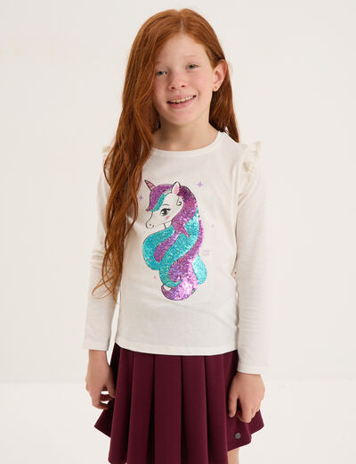 T-shirt à sequins manches longues coton ivoire fille