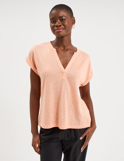 T-shirt col tunisien manches courtes rose saumon femme