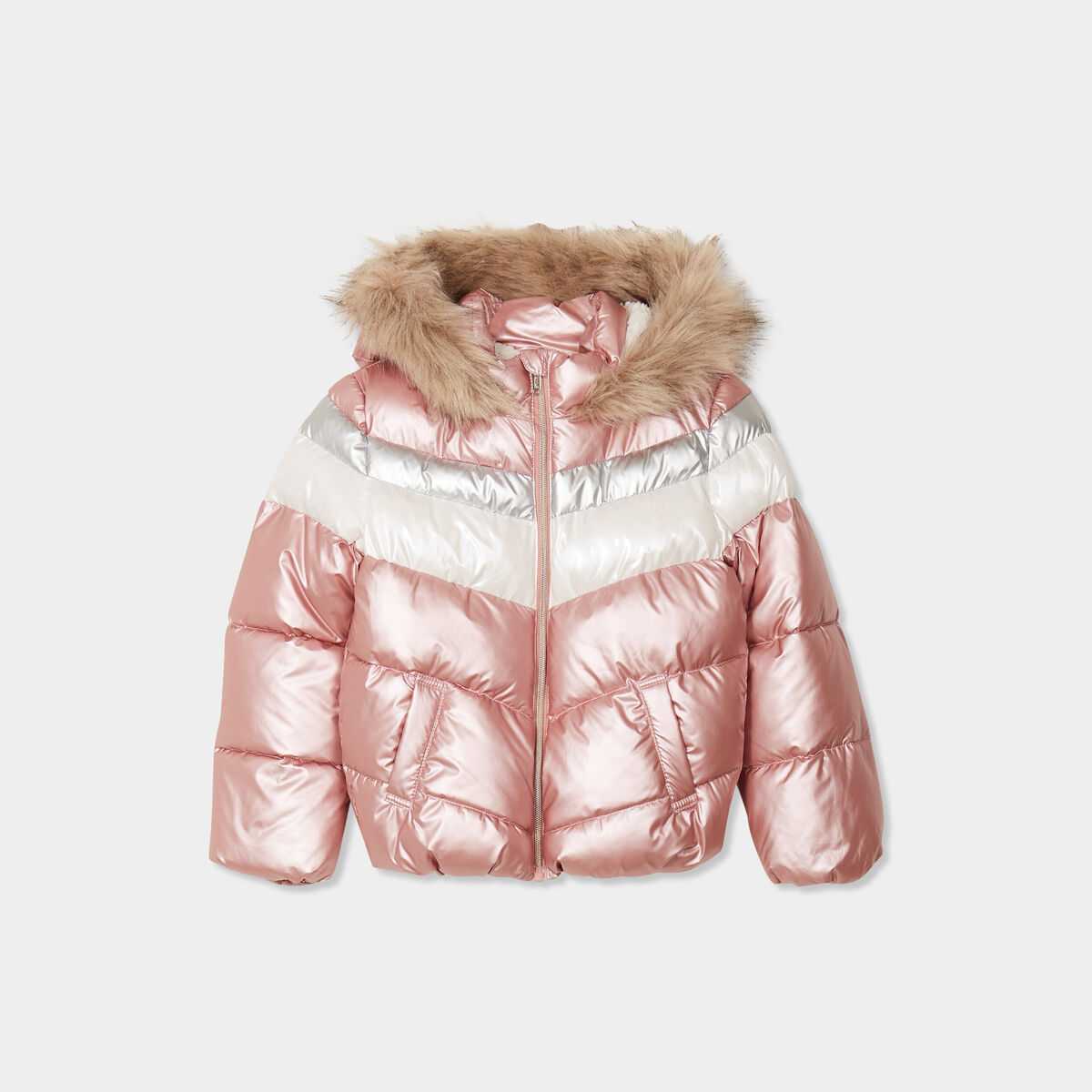 Doudoune métallisée capuche fourrure multicolore fille