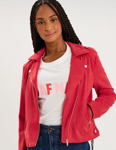 Veste biker effet su&eacute;dine rose cerise femme