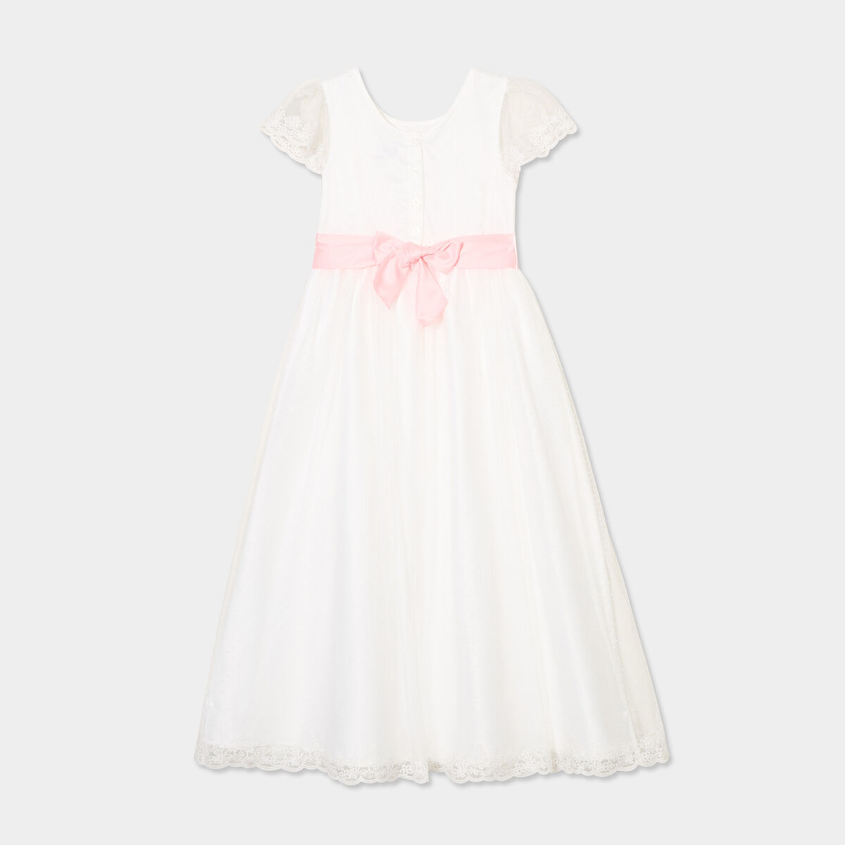 Robe longue tulle brod&eacute;e avec ceinture ivoire fille