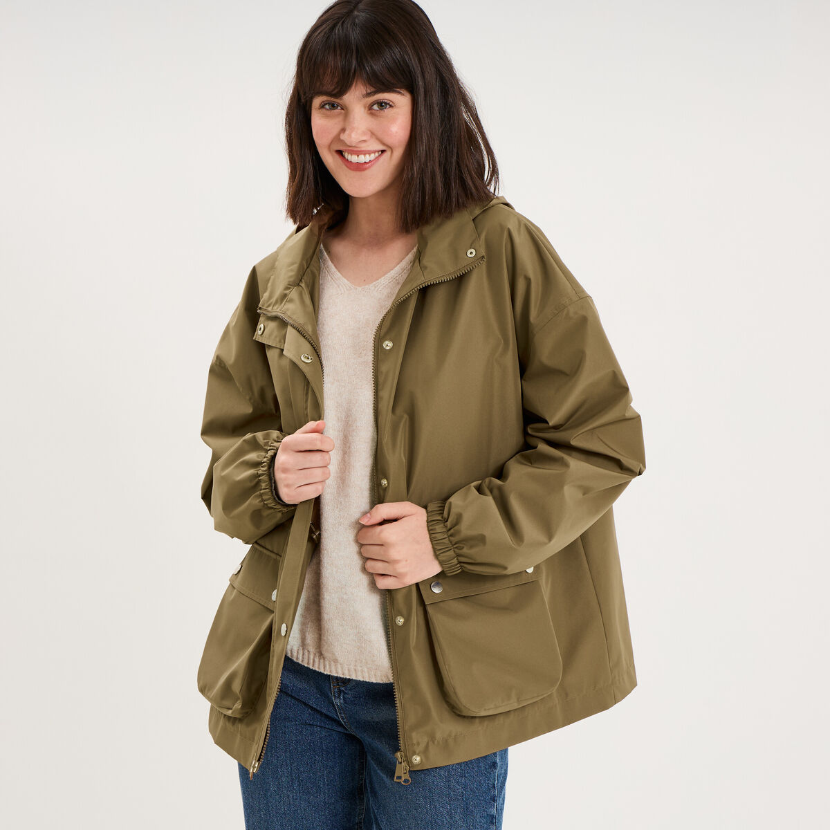 Parka &agrave; capuche taille &agrave; coulisse taupe femme