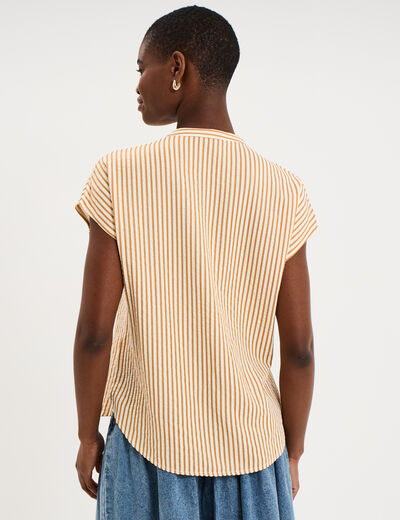 Blouse gaufr&eacute;e col tunisien marron cognac femme