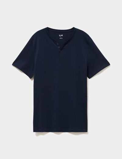 T-shirt manches courtes col tunisien bleu marine homme