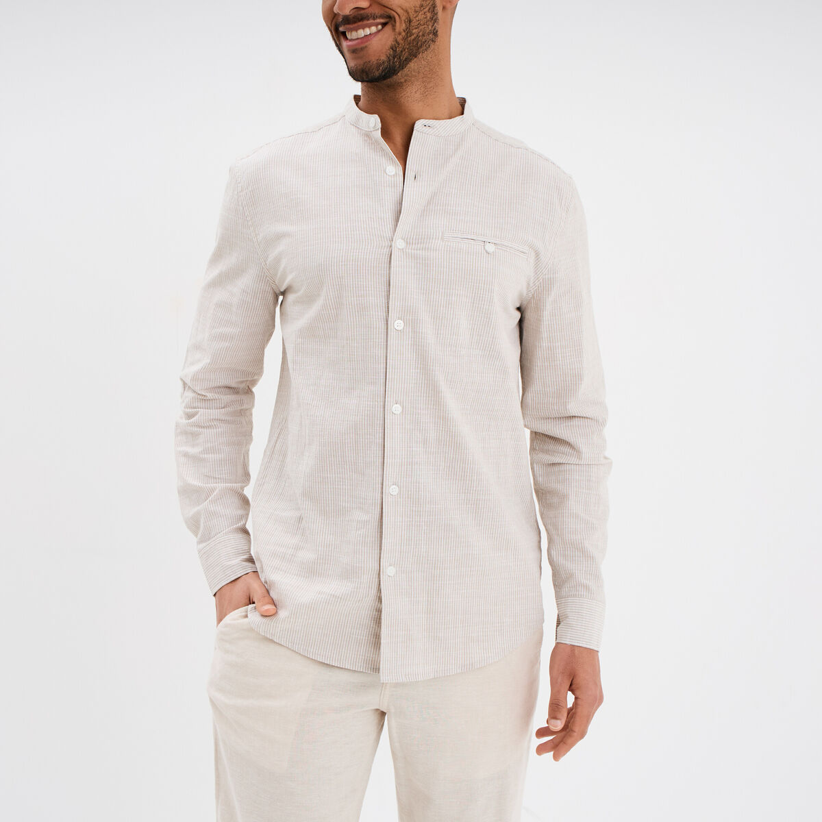 Chemise col mao manches longues coton beige homme