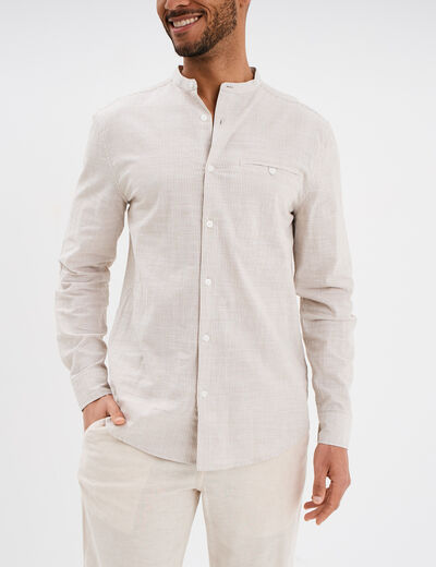 Chemise col mao manches longues coton beige homme