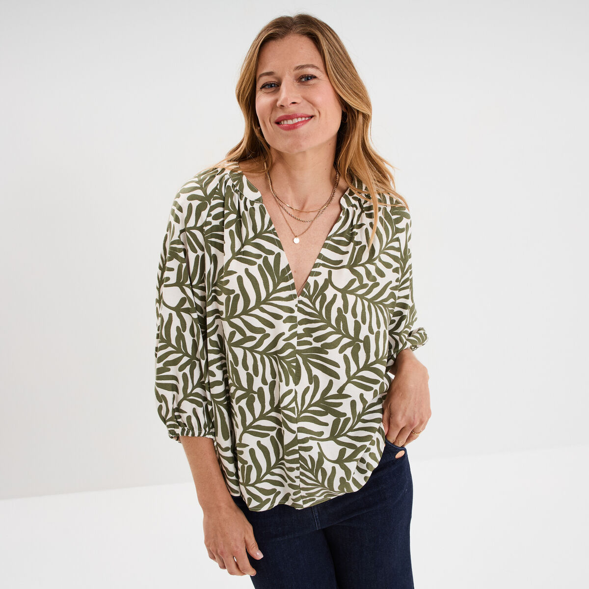 Blouse manches 3/4 ballons col tunisien blanc femme