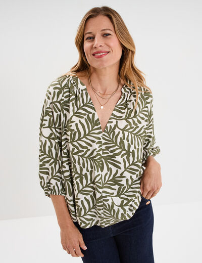 Blouse manches 3/4 ballons col tunisien blanc femme