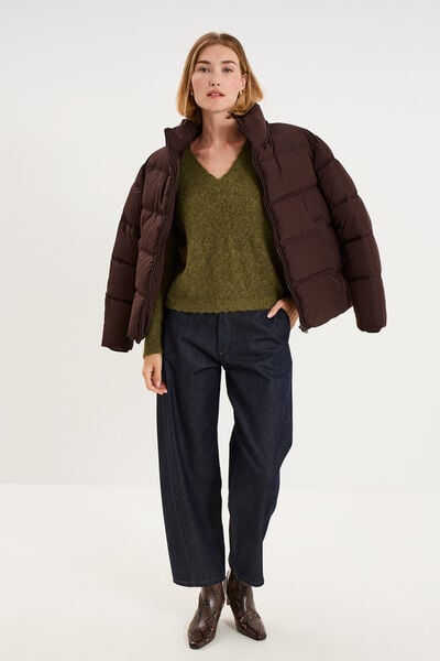 Pull col V ajour&eacute; manches longues vert olive femme