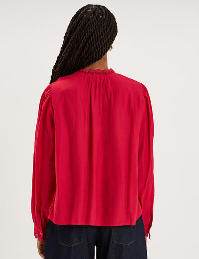 Blouse manches longues col dentelle rose cerise femme