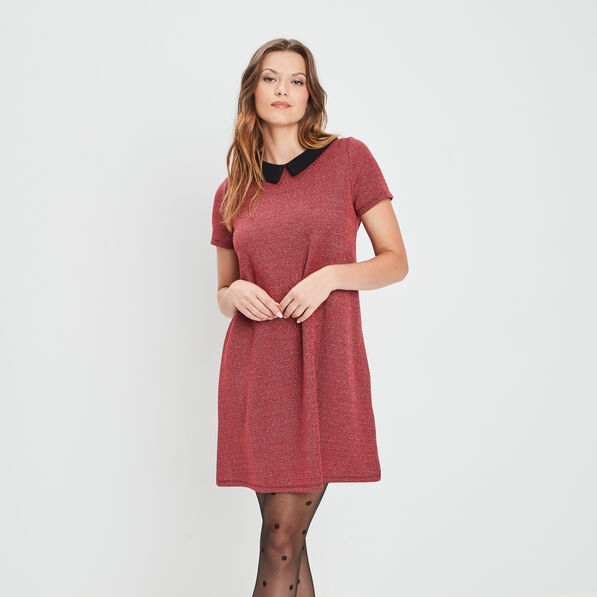 Robe évasée col claudine rouge femme
