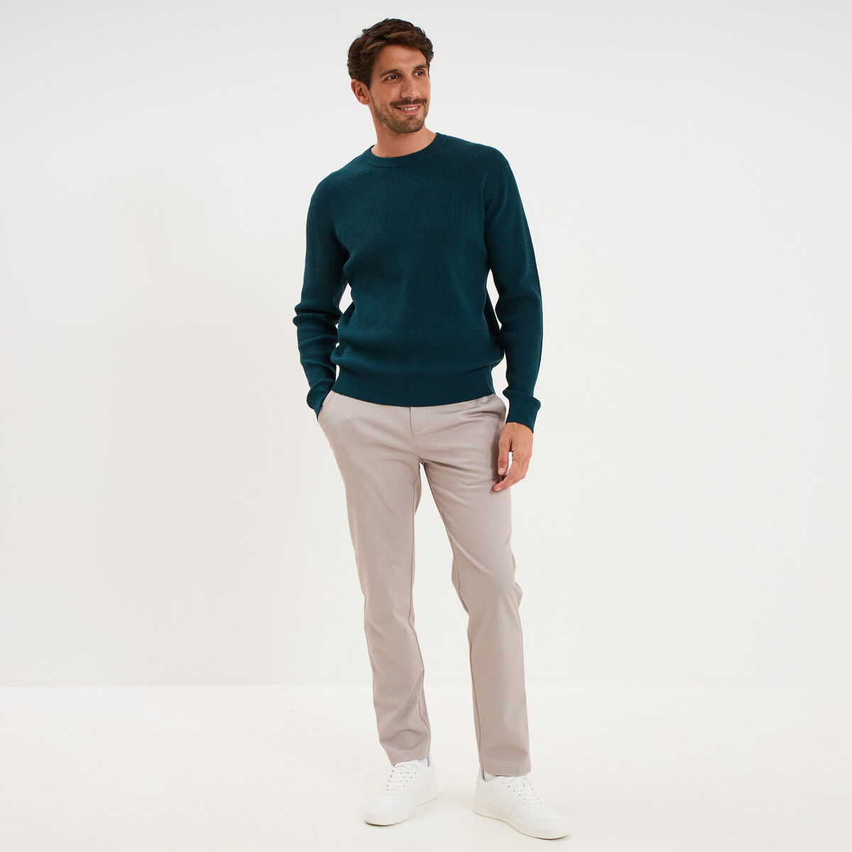 Pull en maille textur&eacute;e col rond bleu canard homme
