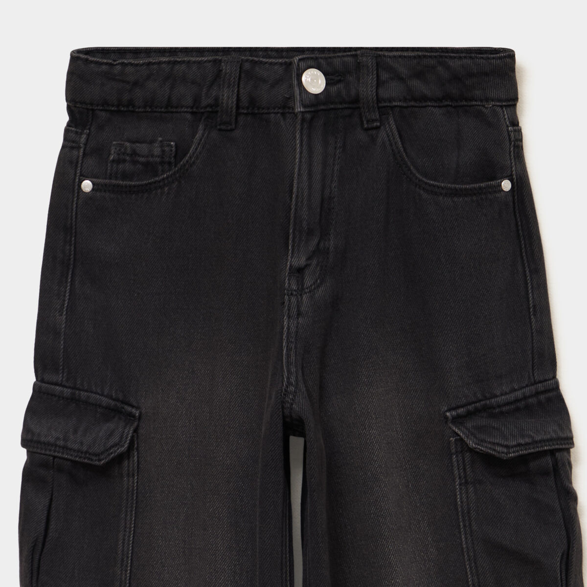 Jean large cargo poches &agrave; rabat coton denim noir fille