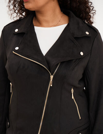 Blouson zipp&eacute; effet su&eacute;dine style biker noir femme grande taille