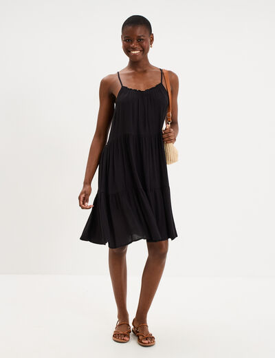 Robe fluide &agrave; volants fines bretelles noir femme