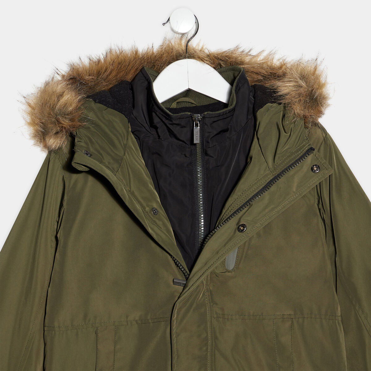Parka droite doubl&eacute;e &agrave; capuche vert kaki gar&ccedil;on