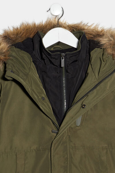 Parka droite doublée à capuche vert kaki garçon