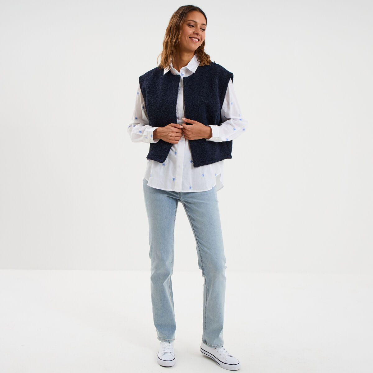 Veste sans manches bleu fonc&eacute; femme