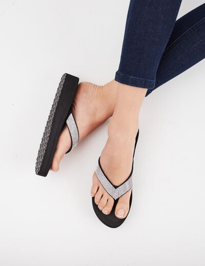 Tongs compens&eacute;es &agrave; strass noir femme
