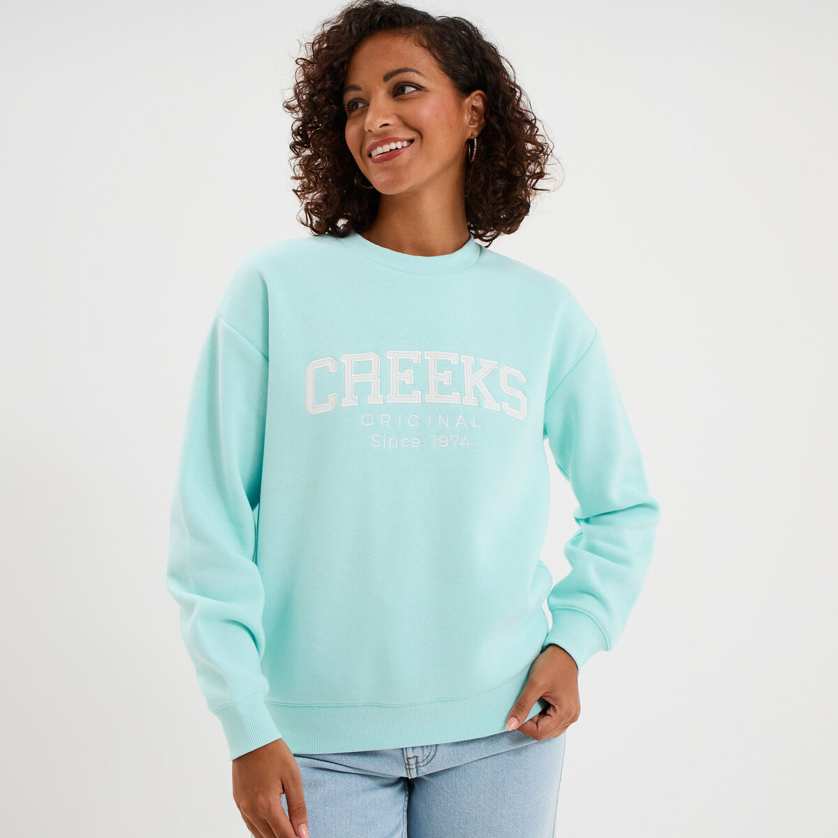 Sweat molleton col rond manches longues bleu turquoise femme