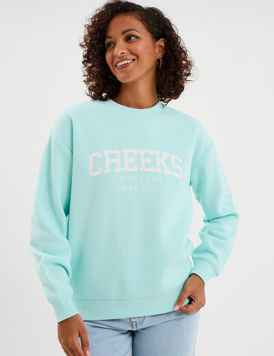 Sweat molleton col rond manches longues bleu turquoise femme