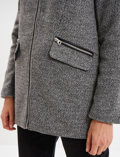 Manteau mi-long cintré zippé col montant gris foncé femme