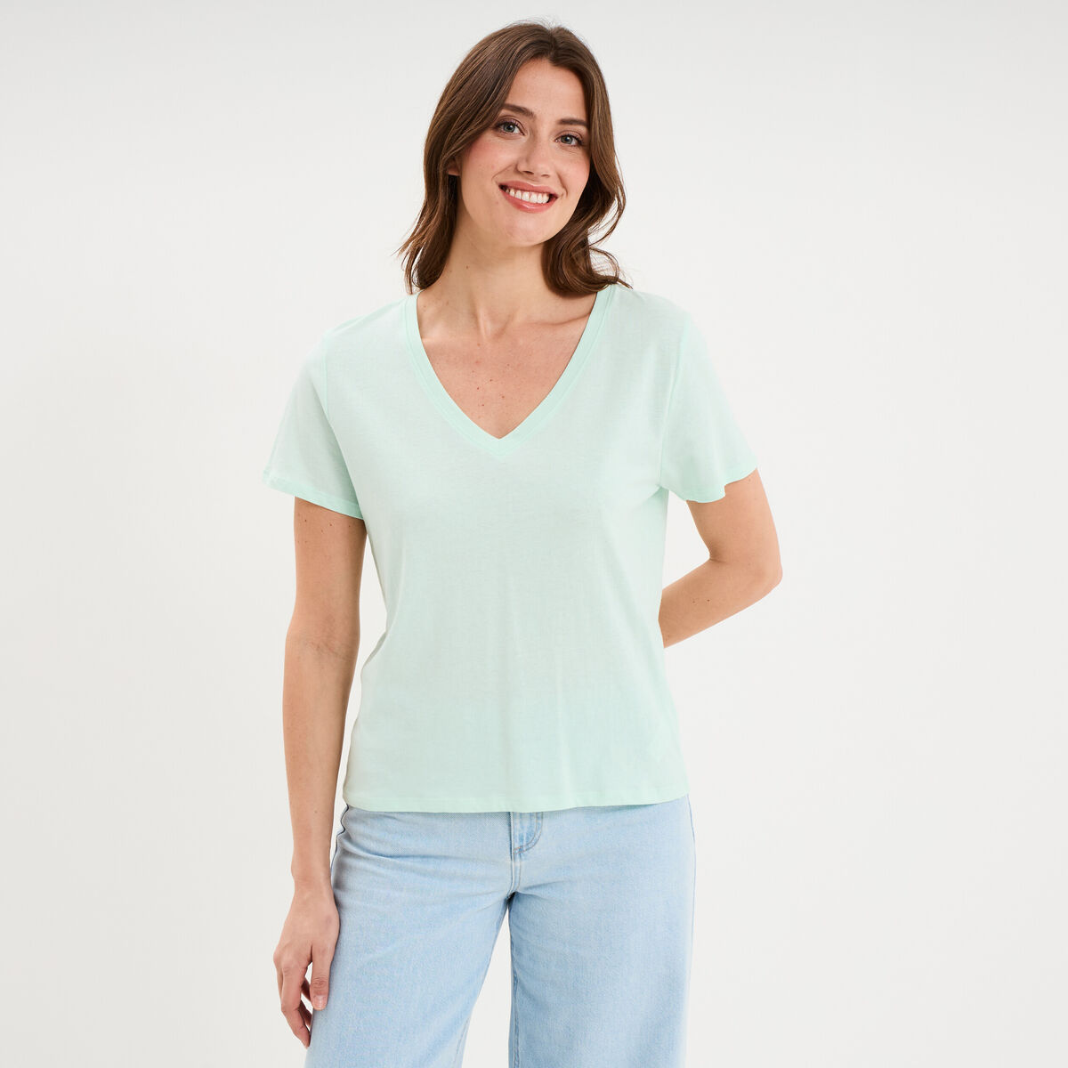 T-shirt manches courtes col en V coton vert clair femme