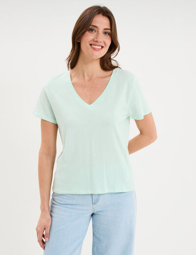 T-shirt manches courtes col en V coton vert clair femme