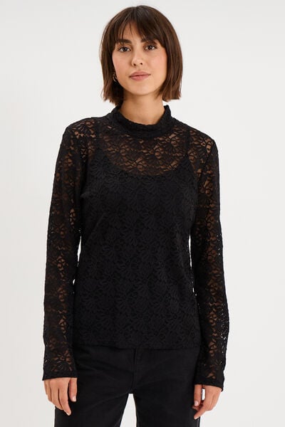 Blouse dentelle col montant noir femme