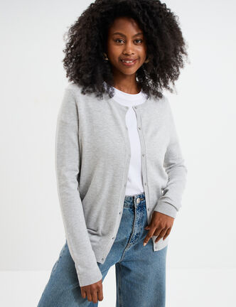 Gilet col rond manches longues gris clair femme