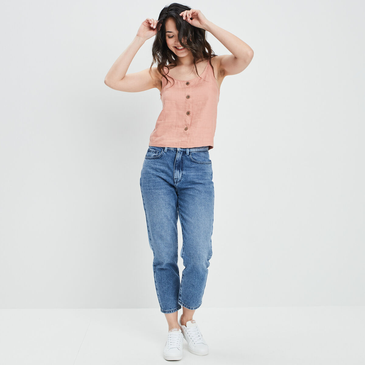 Blouse en lin bretelles larges vieux rose femme