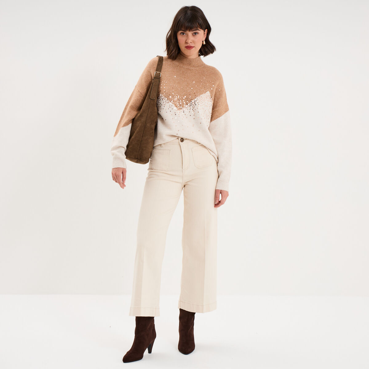 Pull col montant &agrave; sequins oversize beige femme